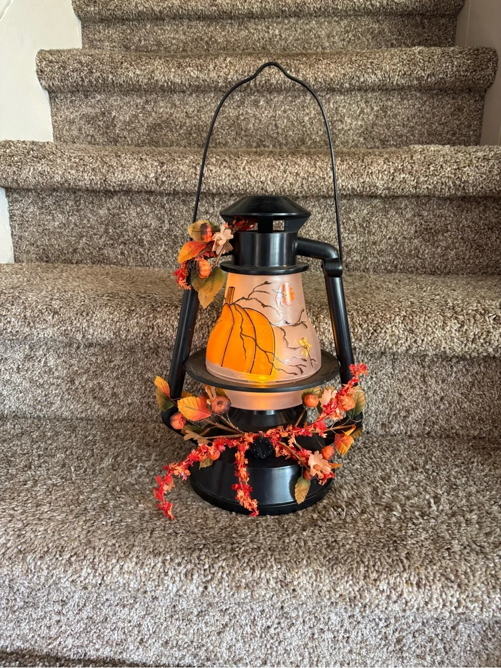 Black Lantern-Style Fall Accent Lamp with Orange Pumpkin Shade